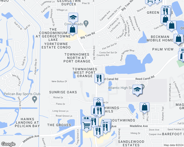 map of restaurants, bars, coffee shops, grocery stores, and more near 3560 Forest Branch Drive in Port Orange