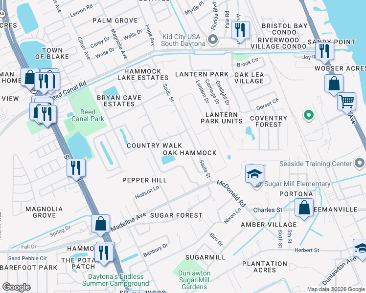 map of restaurants, bars, coffee shops, grocery stores, and more near 3460 Saddleback Court in Port Orange