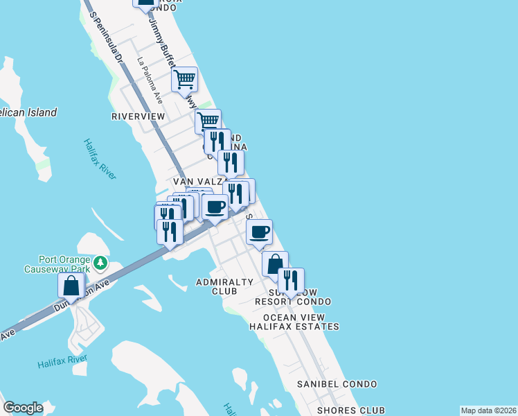 map of restaurants, bars, coffee shops, grocery stores, and more near 3501 South Atlantic Avenue in Daytona Beach