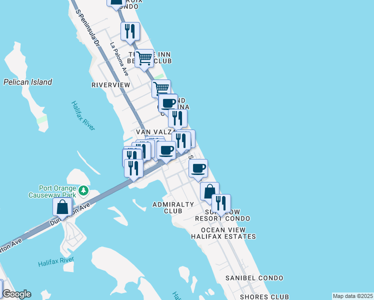map of restaurants, bars, coffee shops, grocery stores, and more near S Atlantic Ave & Dunlawton Blvd in Daytona Beach Shores