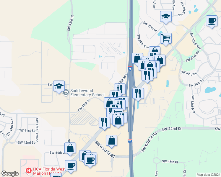 map of restaurants, bars, coffee shops, grocery stores, and more near 3640 Southwest 38th Avenue in Ocala