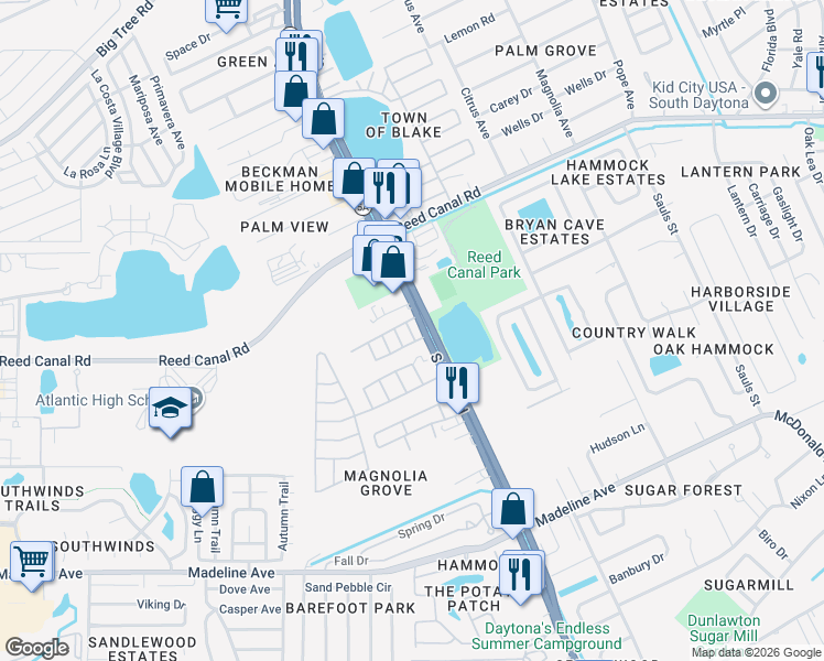 map of restaurants, bars, coffee shops, grocery stores, and more near 3150 South Nova Road in Daytona Beach