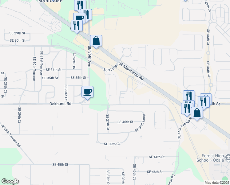 map of restaurants, bars, coffee shops, grocery stores, and more near 3680 Southeast 38th Terrace in Ocala