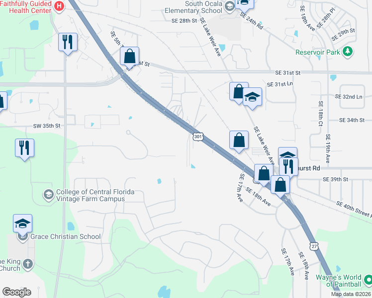 map of restaurants, bars, coffee shops, grocery stores, and more near 3530 South Pine Avenue in Ocala