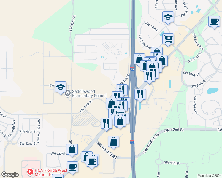 map of restaurants, bars, coffee shops, grocery stores, and more near 3640 Southwest 38th Avenue in Ocala