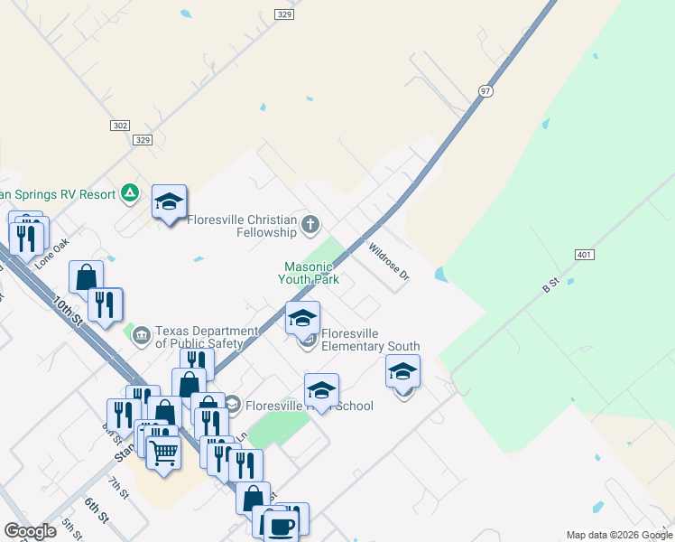 map of restaurants, bars, coffee shops, grocery stores, and more near 1007 Verbena Loop in Floresville