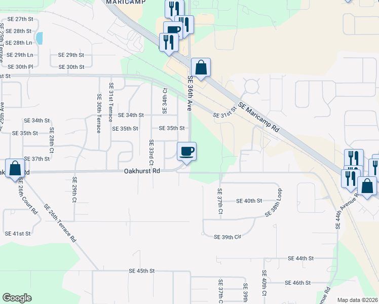map of restaurants, bars, coffee shops, grocery stores, and more near Southeast 36th Avenue in Ocala