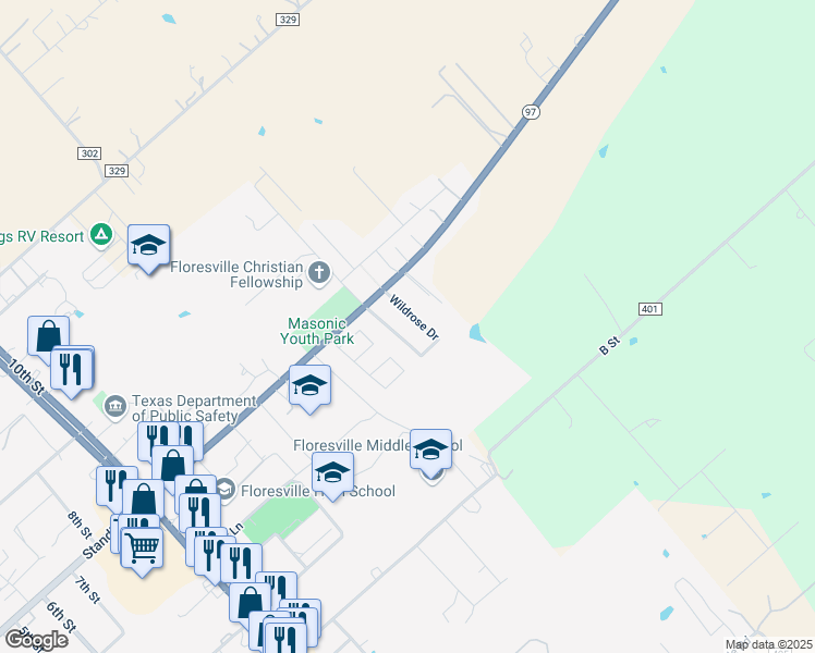 map of restaurants, bars, coffee shops, grocery stores, and more near 225 Blue Bonnet in Floresville