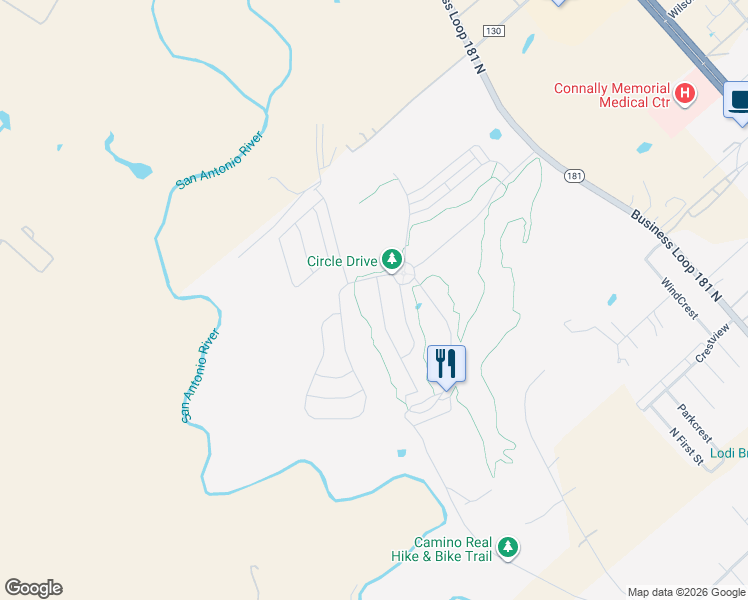 map of restaurants, bars, coffee shops, grocery stores, and more near 113 Fairway Drive in Floresville
