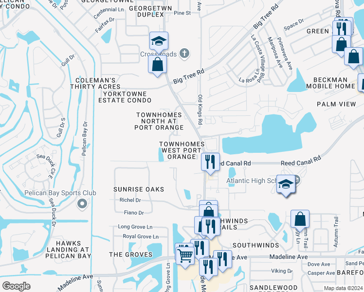 map of restaurants, bars, coffee shops, grocery stores, and more near 3549 Forest Branch Drive in Port Orange