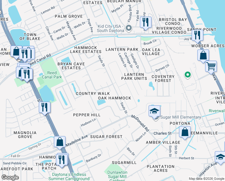 map of restaurants, bars, coffee shops, grocery stores, and more near 3460 Saddleback Court in Port Orange