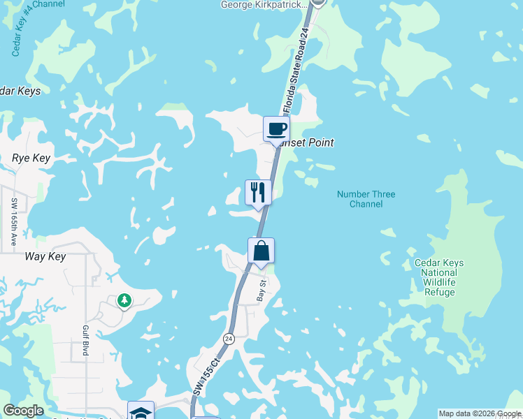 map of restaurants, bars, coffee shops, grocery stores, and more near 12130 Highway 24 in Cedar Key