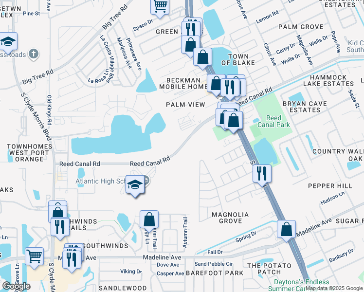 map of restaurants, bars, coffee shops, grocery stores, and more near 1136 Reed Canal Road in Port Orange