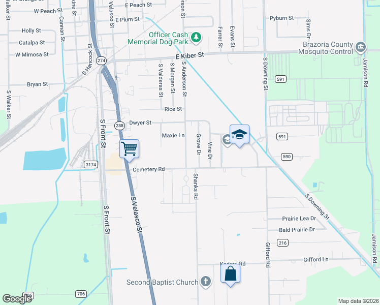 map of restaurants, bars, coffee shops, grocery stores, and more near in Angleton