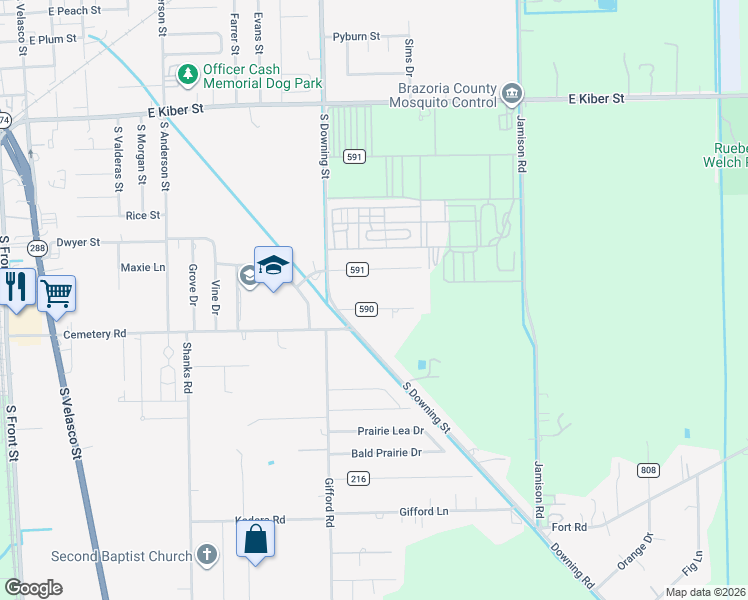 map of restaurants, bars, coffee shops, grocery stores, and more near 1229 Caldwell Road in Angleton
