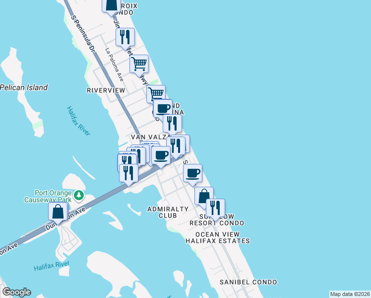 map of restaurants, bars, coffee shops, grocery stores, and more near 3501 South Atlantic Avenue in Daytona Beach