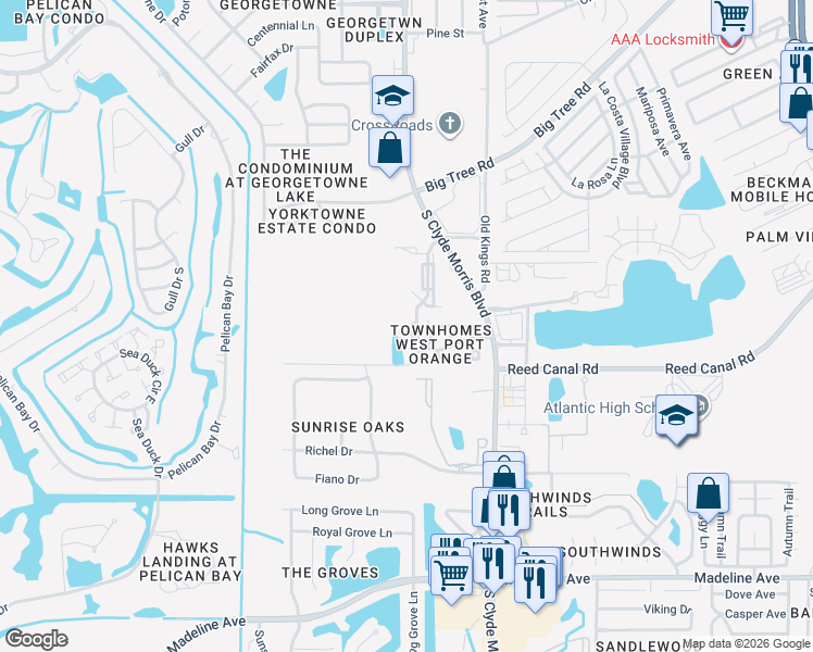 map of restaurants, bars, coffee shops, grocery stores, and more near 3538 Forest Branch Drive in Port Orange