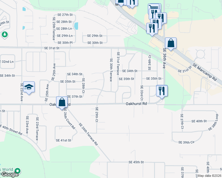 map of restaurants, bars, coffee shops, grocery stores, and more near 3530 Southeast 30th Terrace in Ocala