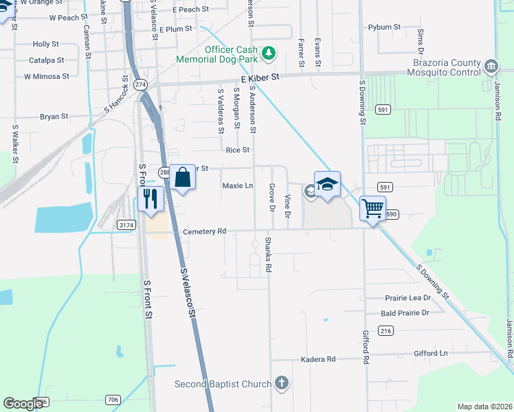 map of restaurants, bars, coffee shops, grocery stores, and more near 1035 South Anderson Street in Angleton