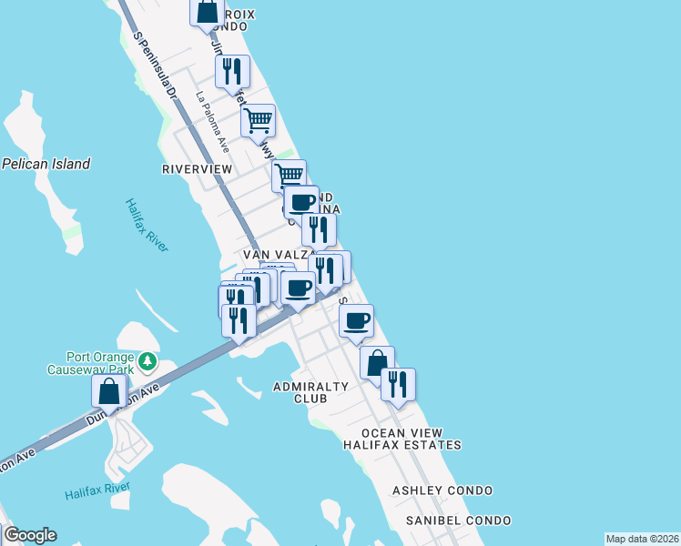 map of restaurants, bars, coffee shops, grocery stores, and more near in Daytona Beach Shores
