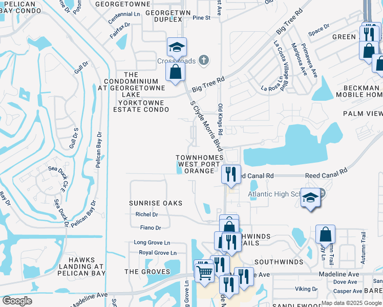 map of restaurants, bars, coffee shops, grocery stores, and more near 3539 Forest Branch Drive in Port Orange