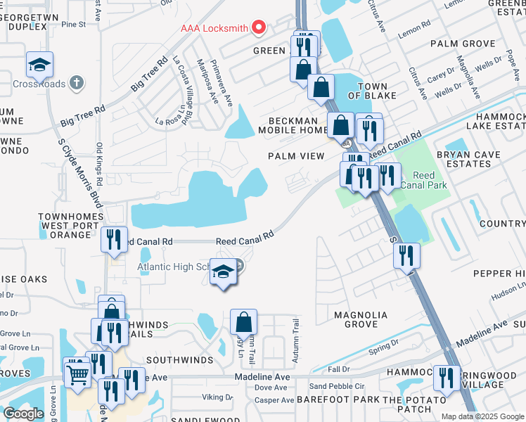 map of restaurants, bars, coffee shops, grocery stores, and more near 1270 Reed Canal Road in Port Orange