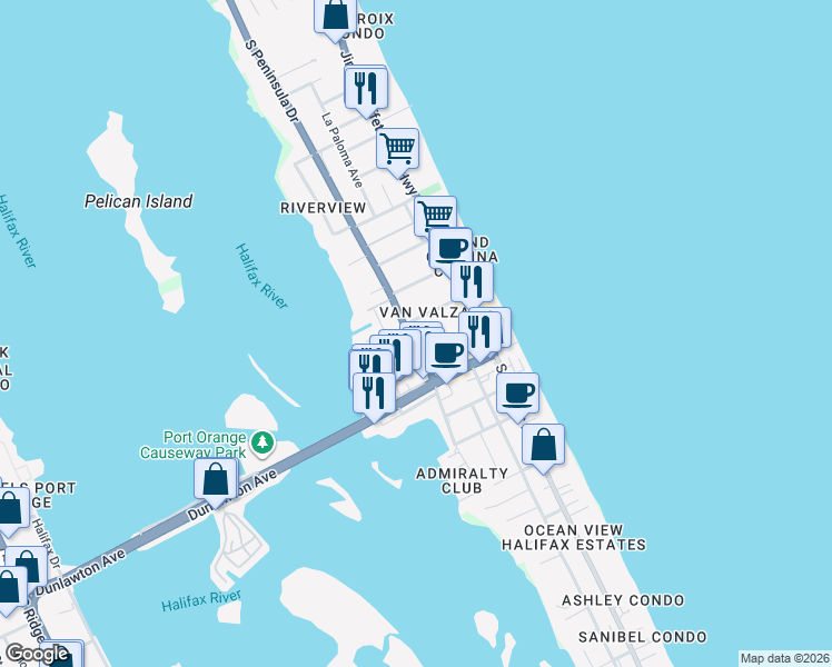 map of restaurants, bars, coffee shops, grocery stores, and more near 108 White Cap Avenue in Daytona Beach