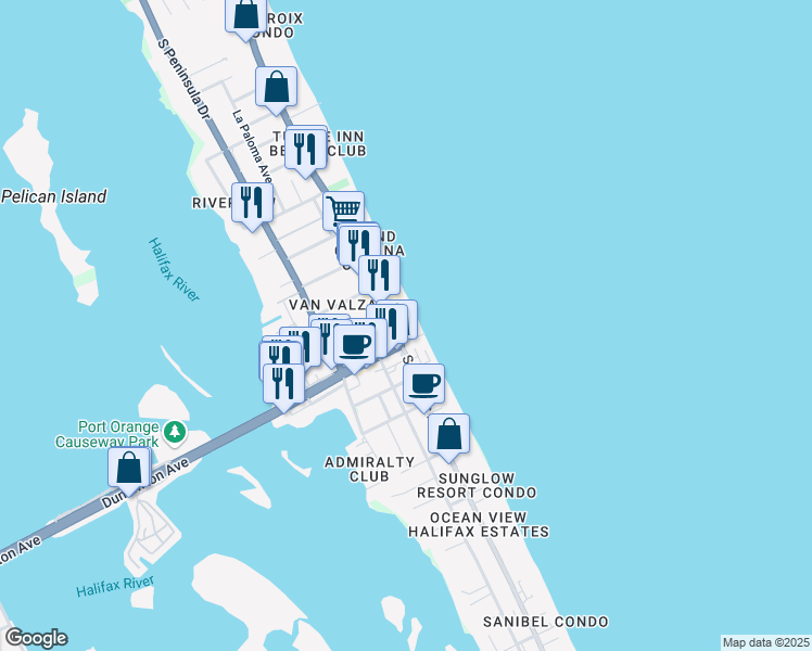 map of restaurants, bars, coffee shops, grocery stores, and more near 3425 South Atlantic Avenue in Daytona Beach