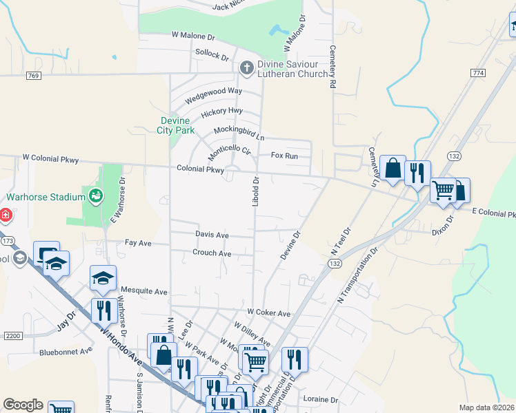 map of restaurants, bars, coffee shops, grocery stores, and more near 1300 Libold Drive in Devine