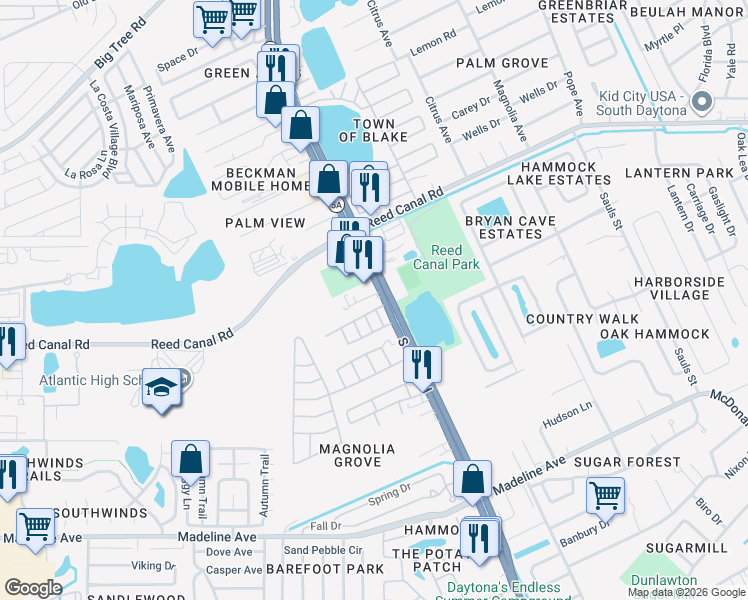 map of restaurants, bars, coffee shops, grocery stores, and more near 3150 South Nova Road in Daytona Beach