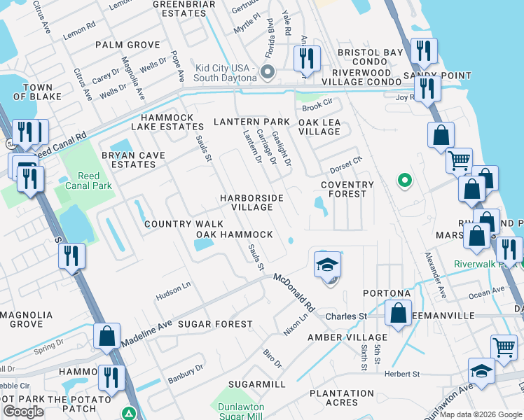 map of restaurants, bars, coffee shops, grocery stores, and more near 2958 Lantern Drive in South Daytona