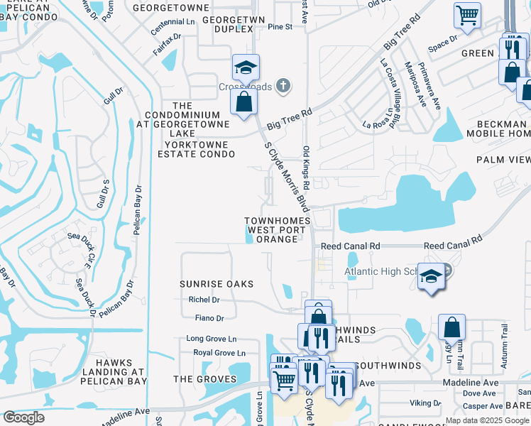 map of restaurants, bars, coffee shops, grocery stores, and more near 3533 Forest Branch Drive in Port Orange