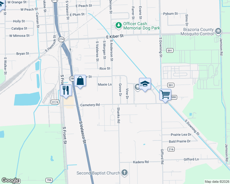map of restaurants, bars, coffee shops, grocery stores, and more near 1035 South Anderson Street in Angleton