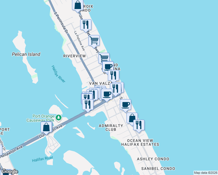map of restaurants, bars, coffee shops, grocery stores, and more near 3418 South Atlantic Avenue in Daytona Beach