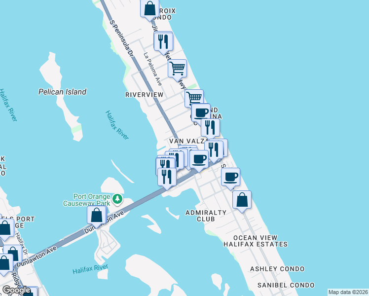 map of restaurants, bars, coffee shops, grocery stores, and more near 108 White Cap Avenue in Daytona Beach