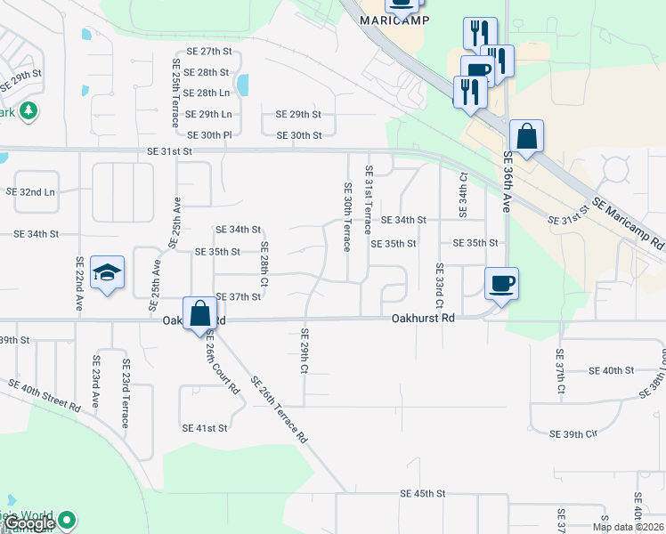 map of restaurants, bars, coffee shops, grocery stores, and more near 3530 Southeast 30th Terrace in Ocala