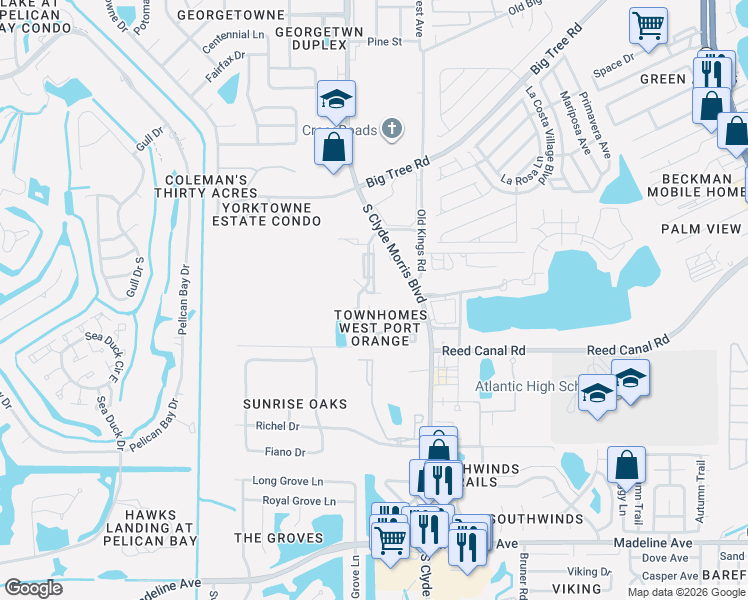 map of restaurants, bars, coffee shops, grocery stores, and more near 3533 Forest Branch Drive in Port Orange