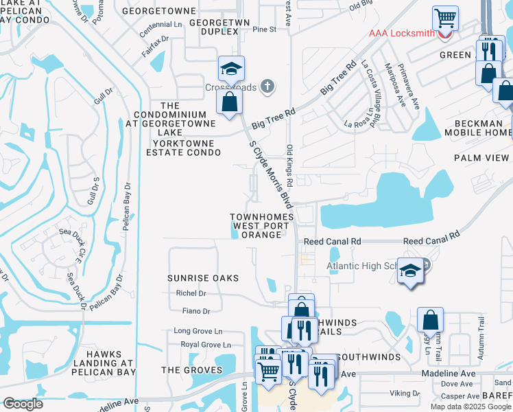 map of restaurants, bars, coffee shops, grocery stores, and more near 3533 Forest Branch Drive in Port Orange