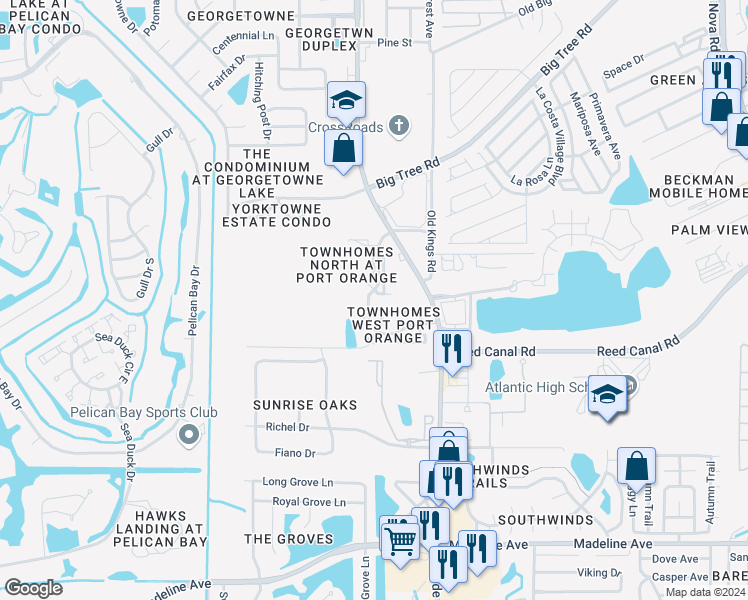 map of restaurants, bars, coffee shops, grocery stores, and more near 3533 Forest Branch Drive in Port Orange