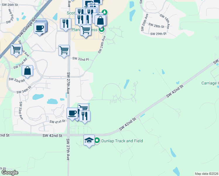 map of restaurants, bars, coffee shops, grocery stores, and more near 3555 Southwest 24th Avenue Road in Ocala