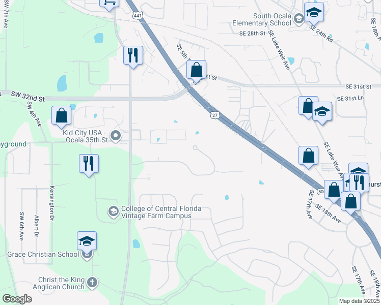 map of restaurants, bars, coffee shops, grocery stores, and more near 829 Southeast 36th Lane in Ocala