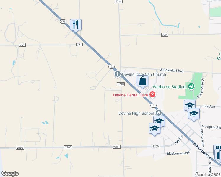 map of restaurants, bars, coffee shops, grocery stores, and more near 1445 County Road 5710 in Devine
