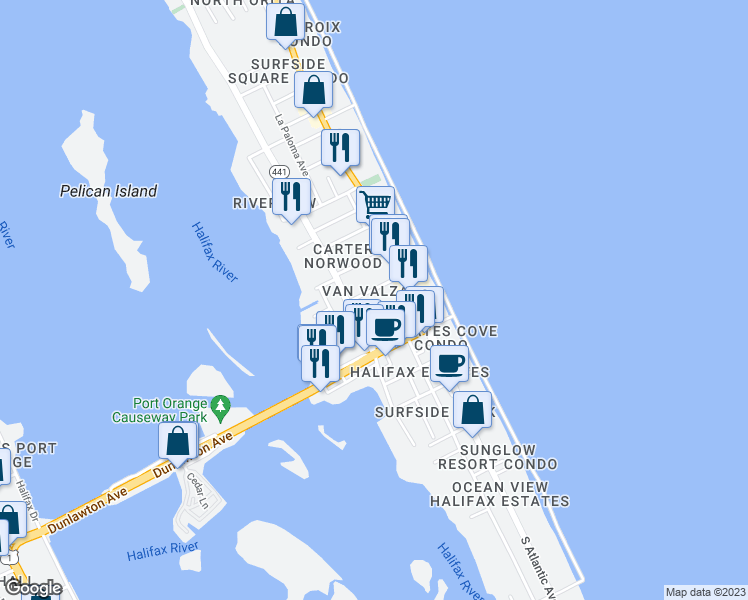 map of restaurants, bars, coffee shops, grocery stores, and more near 108 White Cap Avenue in Daytona Beach