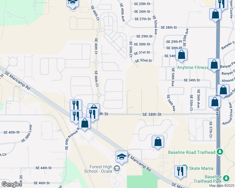 map of restaurants, bars, coffee shops, grocery stores, and more near 4732 Southeast 35th Street in Ocala