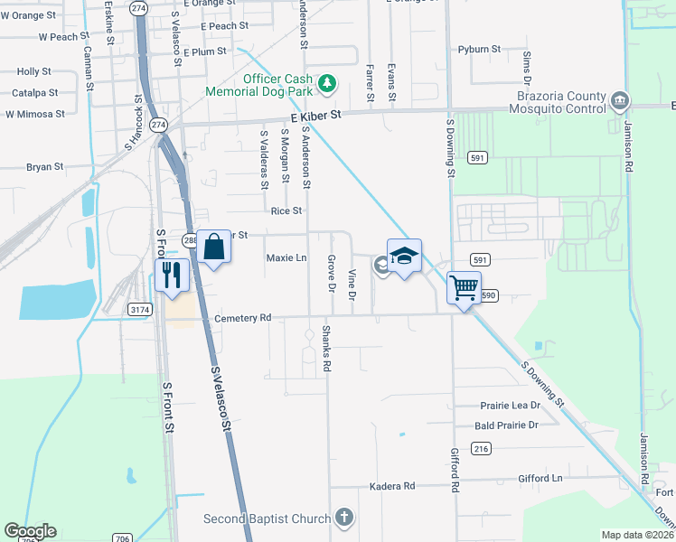 map of restaurants, bars, coffee shops, grocery stores, and more near 1029 Grove Drive in Angleton