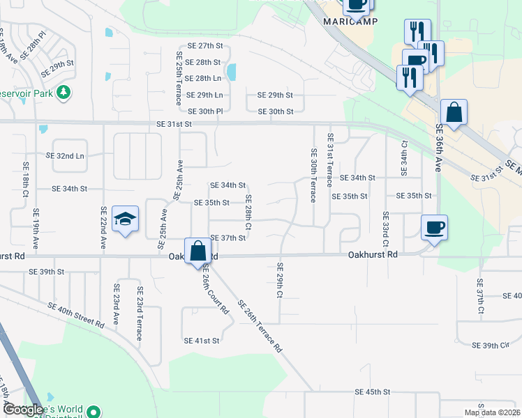 map of restaurants, bars, coffee shops, grocery stores, and more near 2840 Southeast 35th Street in Ocala