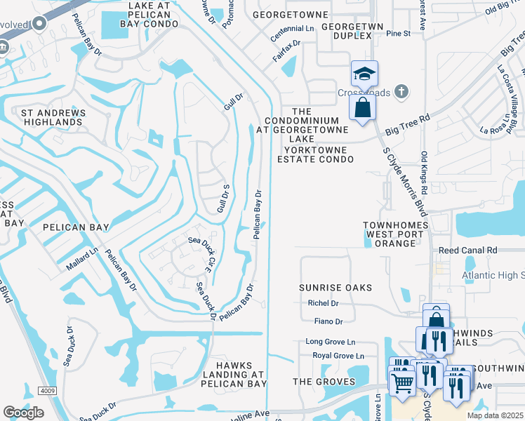 map of restaurants, bars, coffee shops, grocery stores, and more near 573 Pelican Bay Drive in Daytona Beach