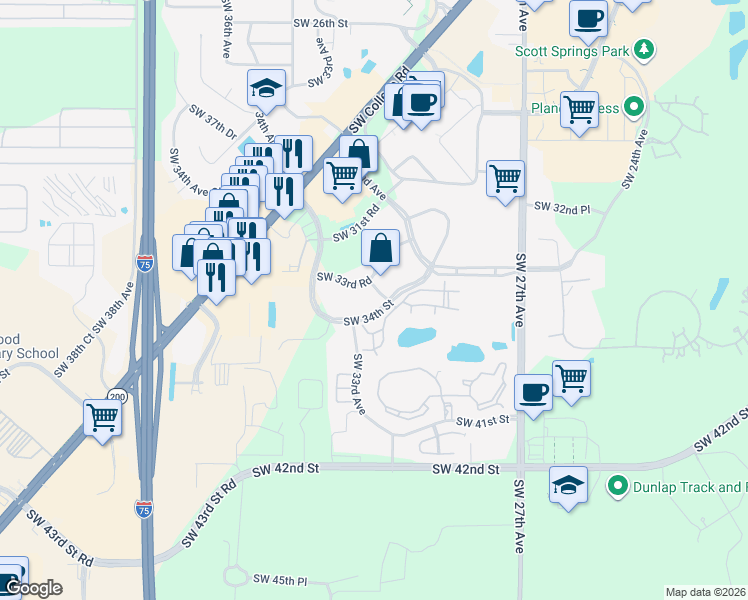 map of restaurants, bars, coffee shops, grocery stores, and more near 3241 Southwest 34th Street in Ocala