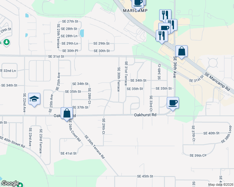 map of restaurants, bars, coffee shops, grocery stores, and more near 3530 Southeast 30th Terrace in Ocala