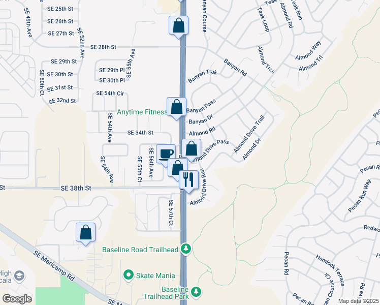 map of restaurants, bars, coffee shops, grocery stores, and more near 14 Almond Drive Place in Ocala
